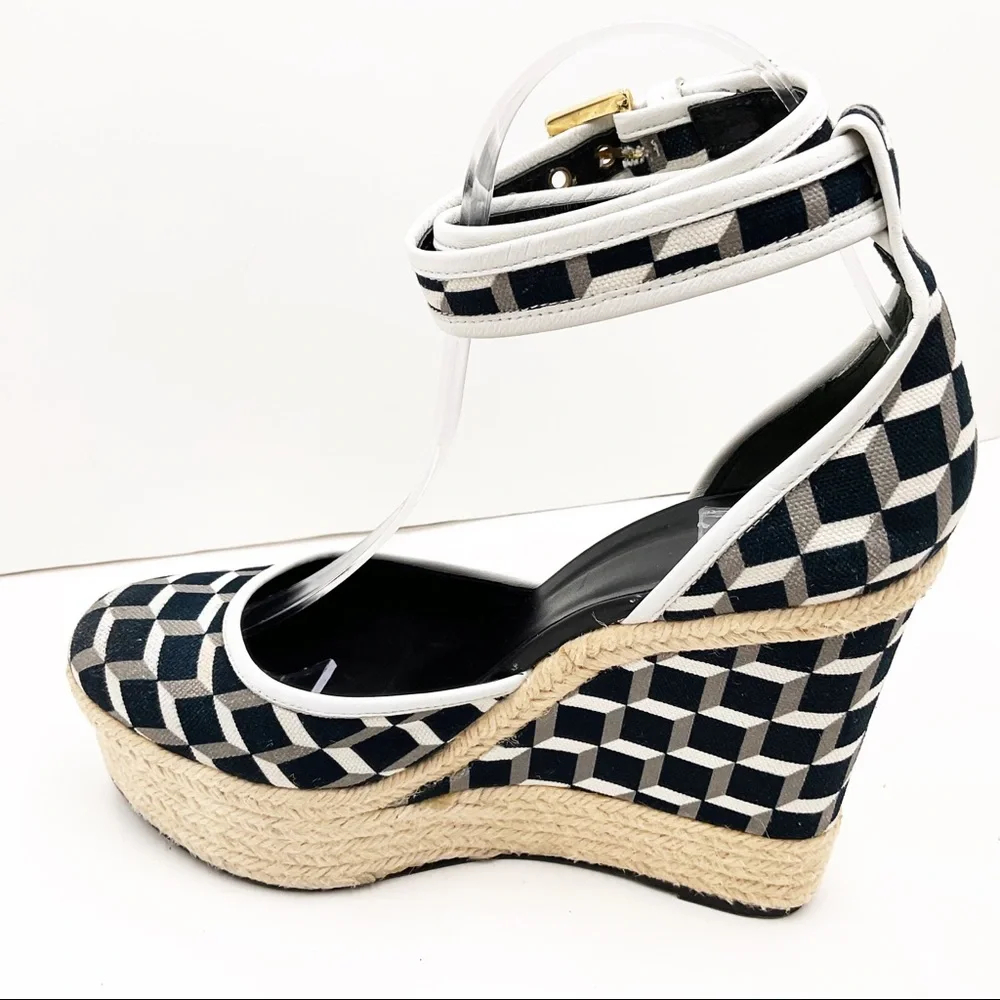 {Pierre Hardy} Canvas & Leather Cubed Print Espadrille Wedges - Picture 3 of 16